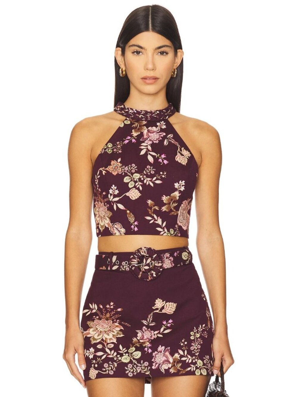 Hemant & Nandita Savi Linen Halter Neck Top Burgundy Floral Womens Size XS